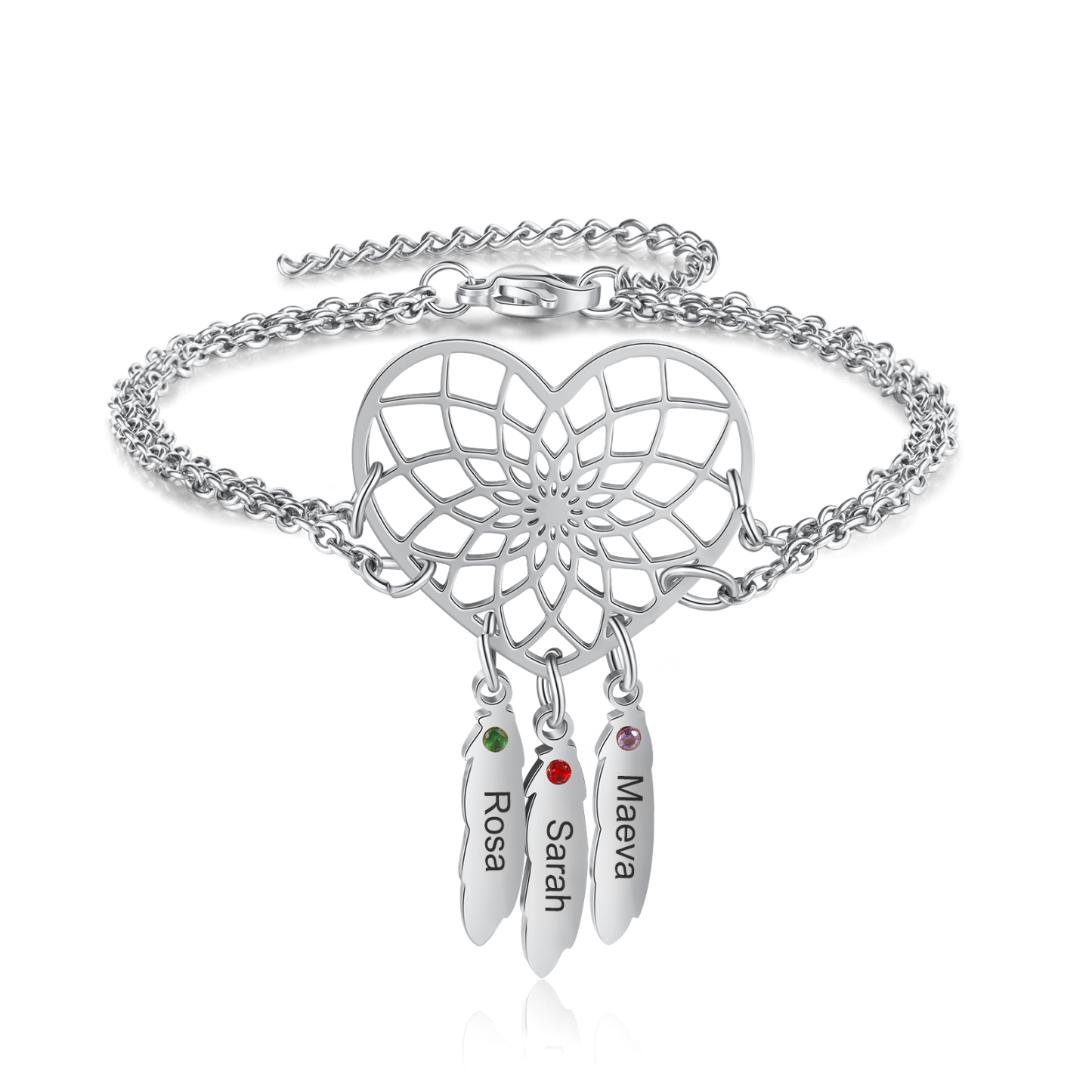 Personalised Heart Dream Catcher Bracelet with Birthstones Engrave 3 Names Gifts For Her-Jessemade AU