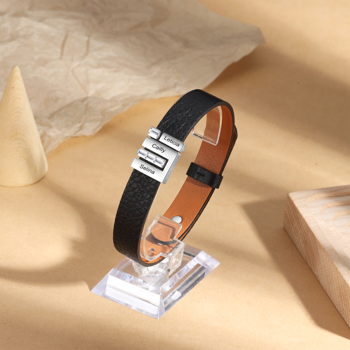 Personalised Leather Bracelet with Beads Engraved 3 Names Bangle for Him-Jessemade AU