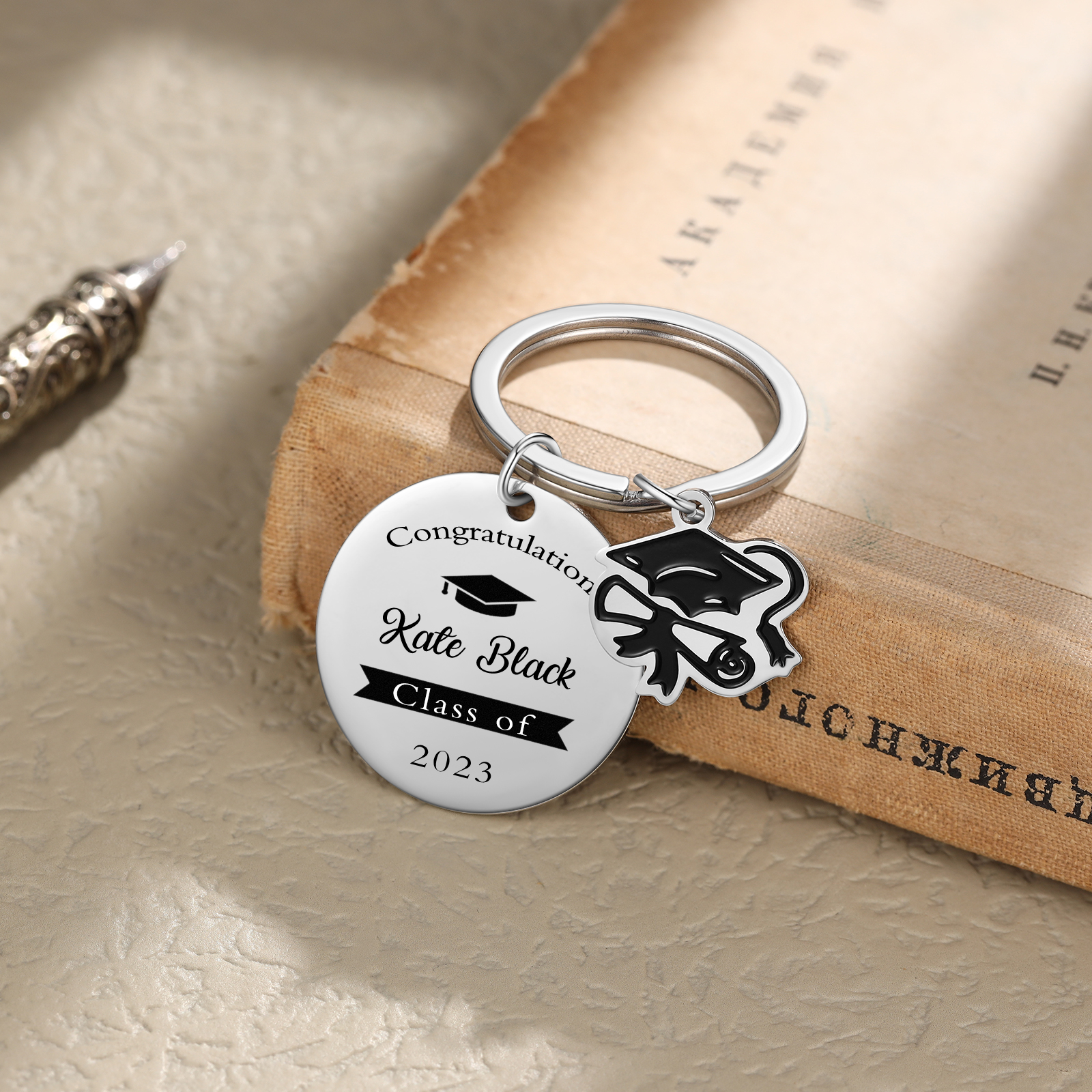Class of 2024 Graduation Keychain Engraved Name Keychain with Bachelor Cap for Her/Him