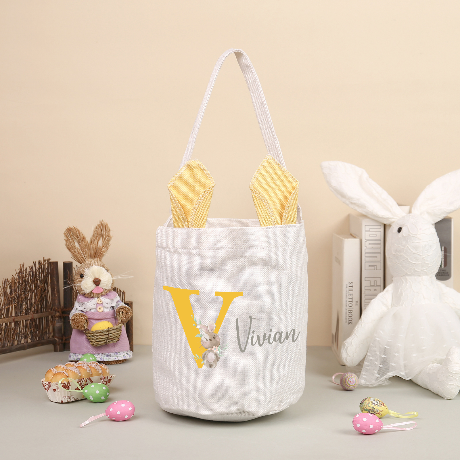 Personalised Bunny Tote Bag Custom Name & Letter Bunny Bucket Bag Easter Gifts for Kids-Jessemade AU
