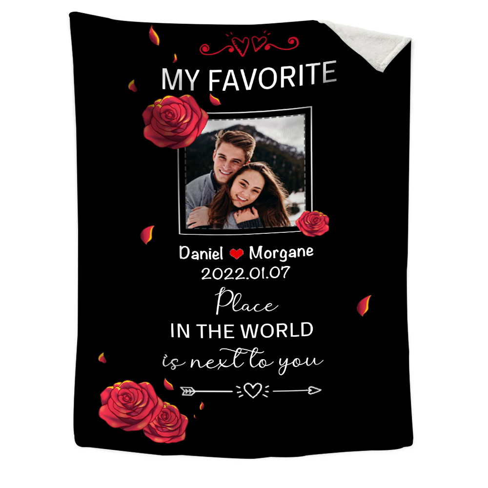 Couple Rose Blanket Customised 2 Names & Date & Photo Blanket Valentine's Day Gifts - My Favourite Place in The World is Next to You-Jessemade AU