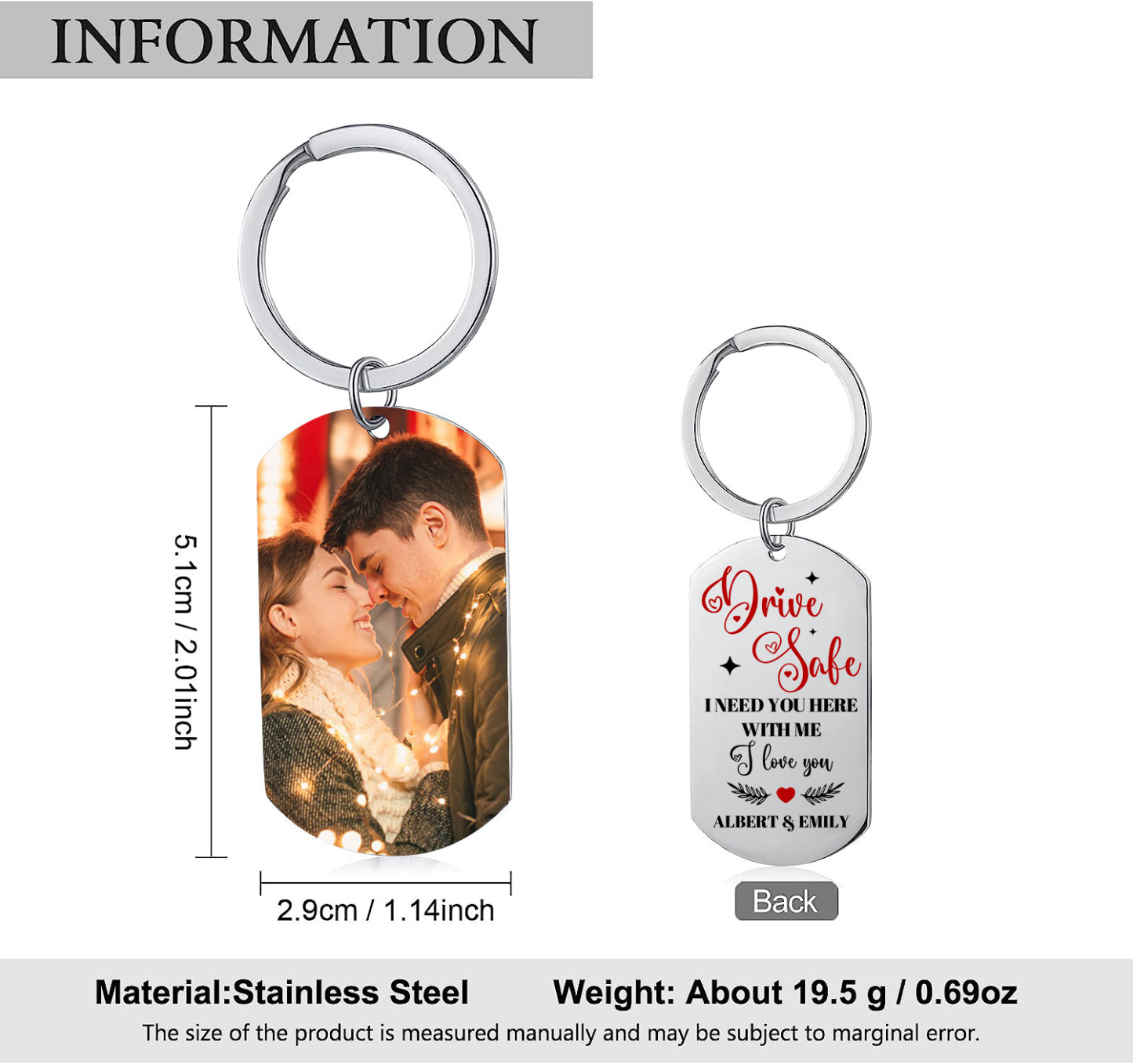 Personalised Couple Photo Keychain Customised 2 Names Keyring Valentine's Day Gifts - Drive Safe, I Need You Here With Me-Jessemade AU