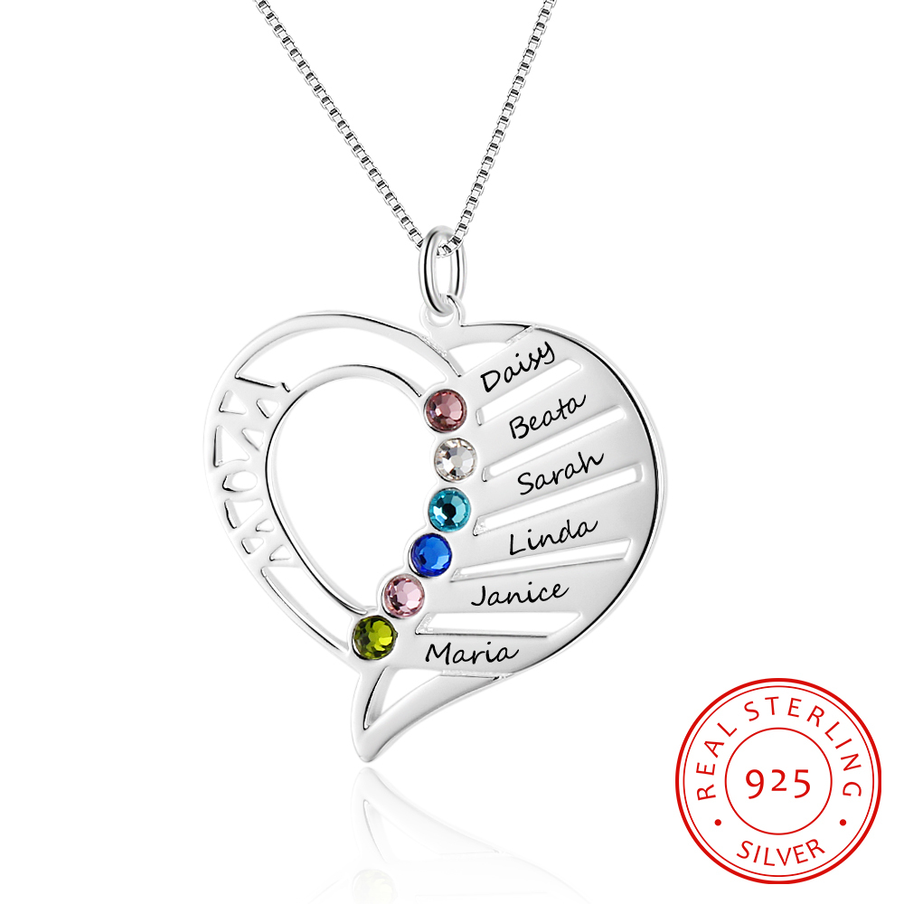 Personalised Heart Necklace With 6 Birthstones Engraved Names Gift For Her-Jessemade AU