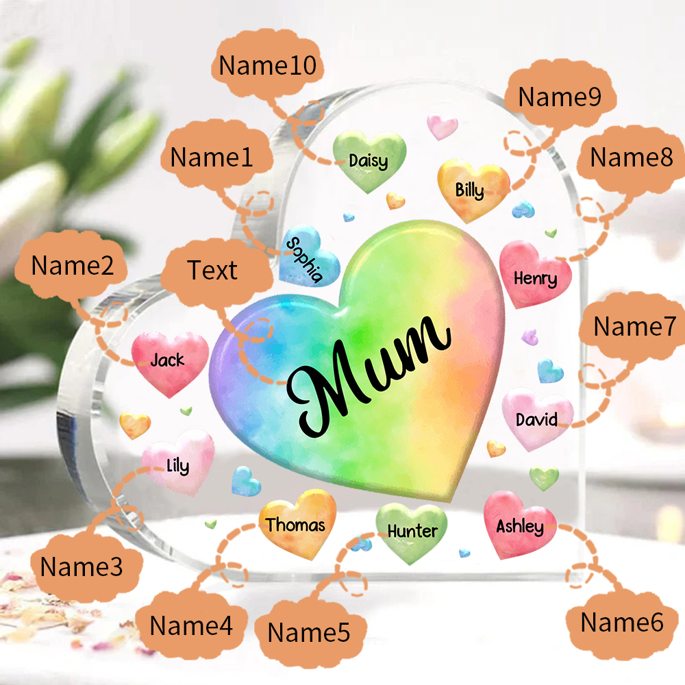 10 Names - Personalised Acrylic Heart Keepsake Custom Text Colourful Hearts Ornament Gift for Mother/Grandma-Jessemade AU