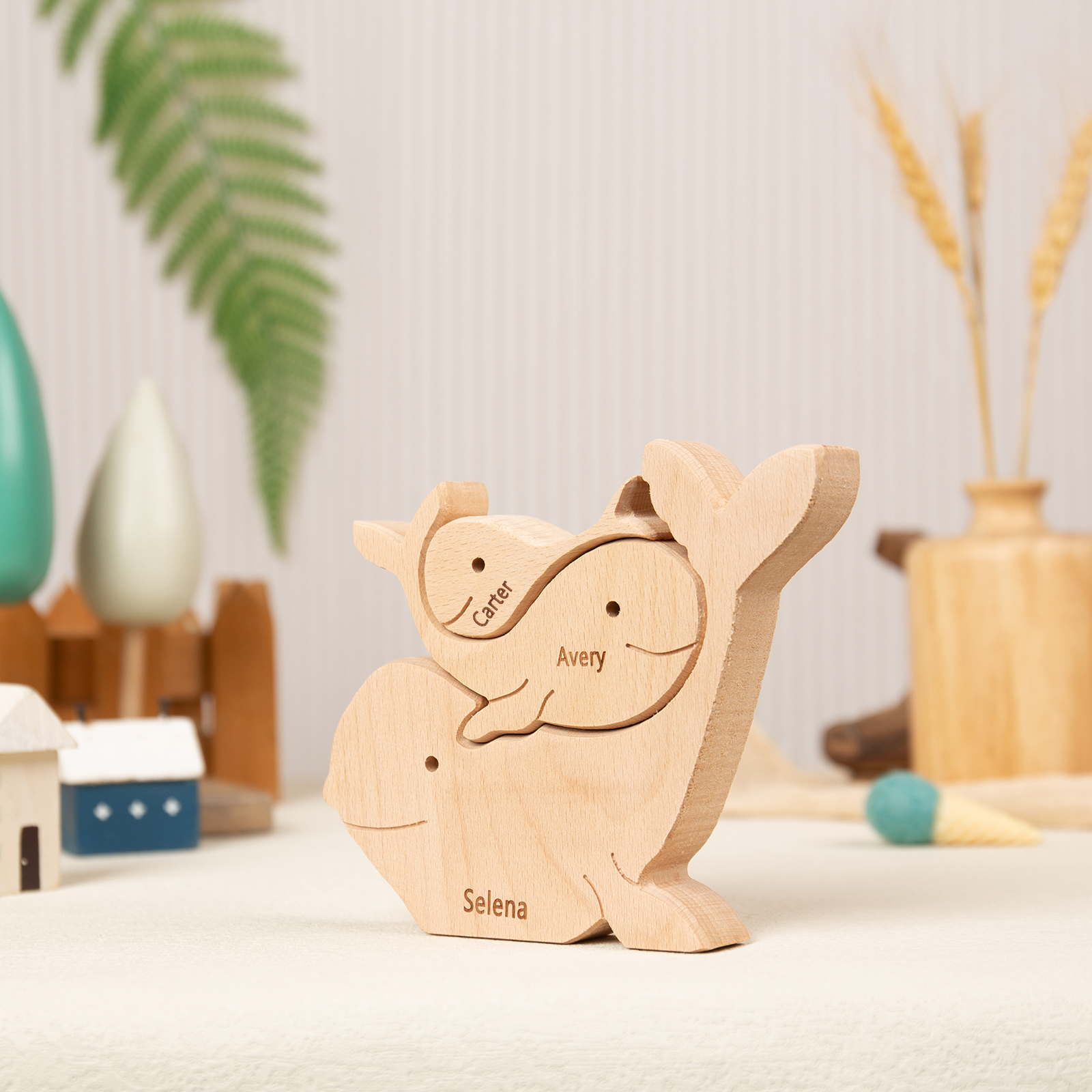 Personalised Wooden Animal Puzzle Custom 3 Names Puzzle Whale Bear Rabbit Hug Ornament Gifts for Family-Jessemade AU