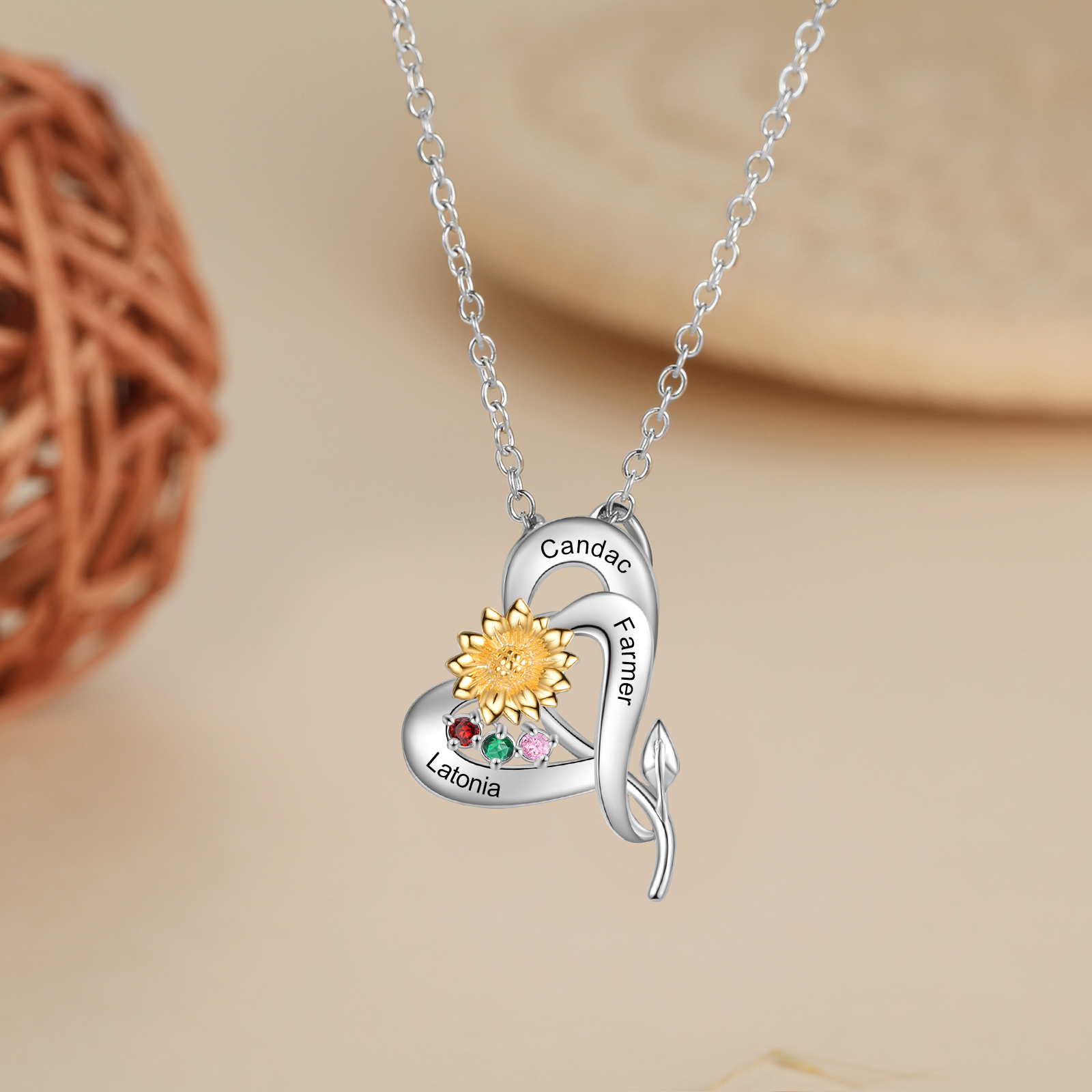 Personalised Sunflower Necklace With 3 Birthstones Engraved Names Necklace Gift For Women-Jessemade AU