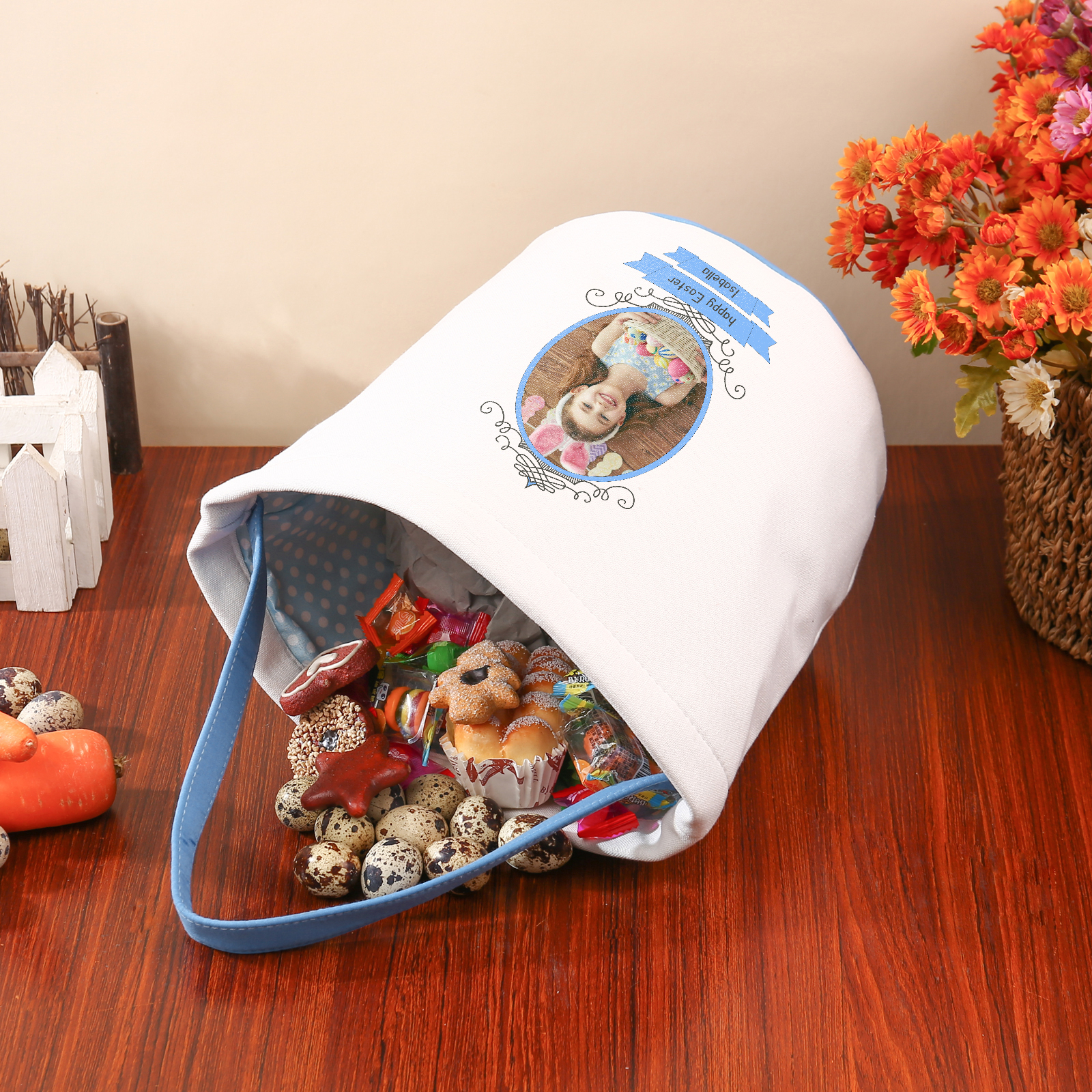 Easter Bunny Tote Bag Personalised Photo Bucket Bag Custom Name & Text White Basket Gifts For Kids-Jessemade AU