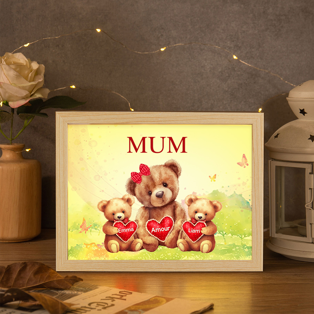 Personalised Frame Night Light Custom 1 Text  & 2 Names Teddy Bears Family Ornament Gifts for Mother/Grandma-Jessemade AU
