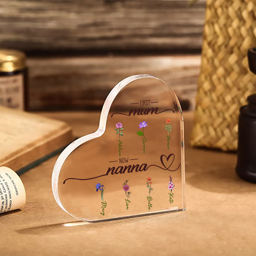 First Mum, Now Nanna - Personalised Acrylic Heart Keepsake Custom 2–10 Names & Birth Flowers Ornament Mother's Day Gift-Jessemade AU