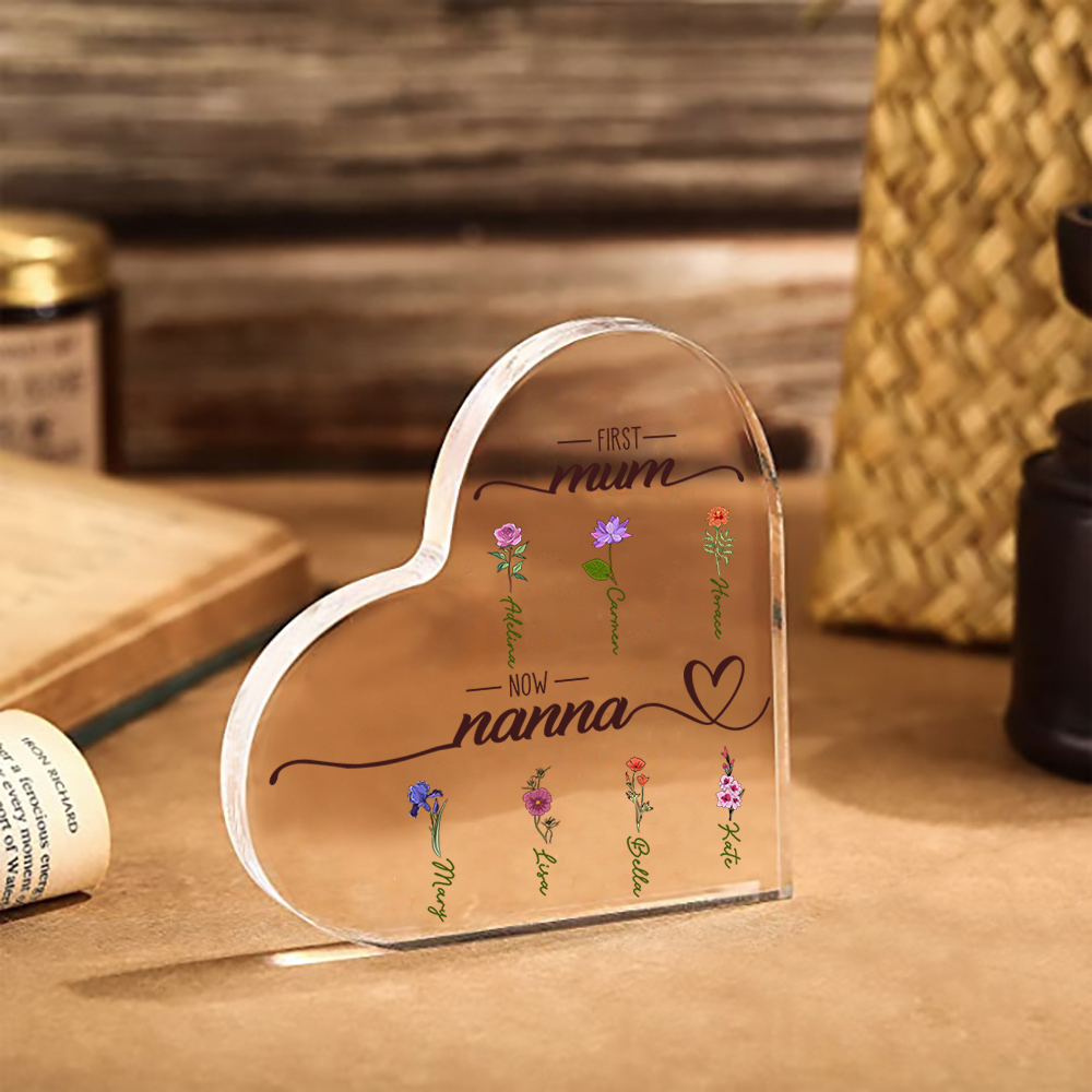 First Mum, Now Nanna - Personalised Acrylic Heart Keepsake Custom 2–10 Names & Birth Flowers Ornament Mother's Day Gift-Jessemade AU