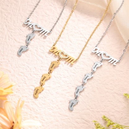 Mother Necklace with 4 Baby Feet Pendants Engraved 4 Names Rose Gift Set