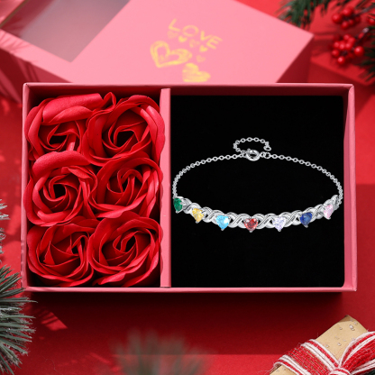 Family Custom Bracelet Heart Personalised with 7 Birthstones Gift Box Set-Jessemade AU