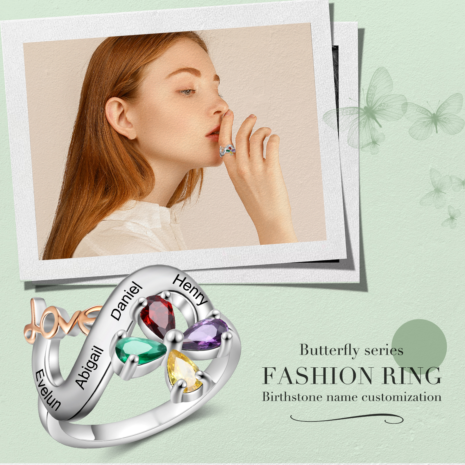 Personalised Butterfly Ring Custom 4 Birthstones Love Ring Gifts For Her-Jessemade AU