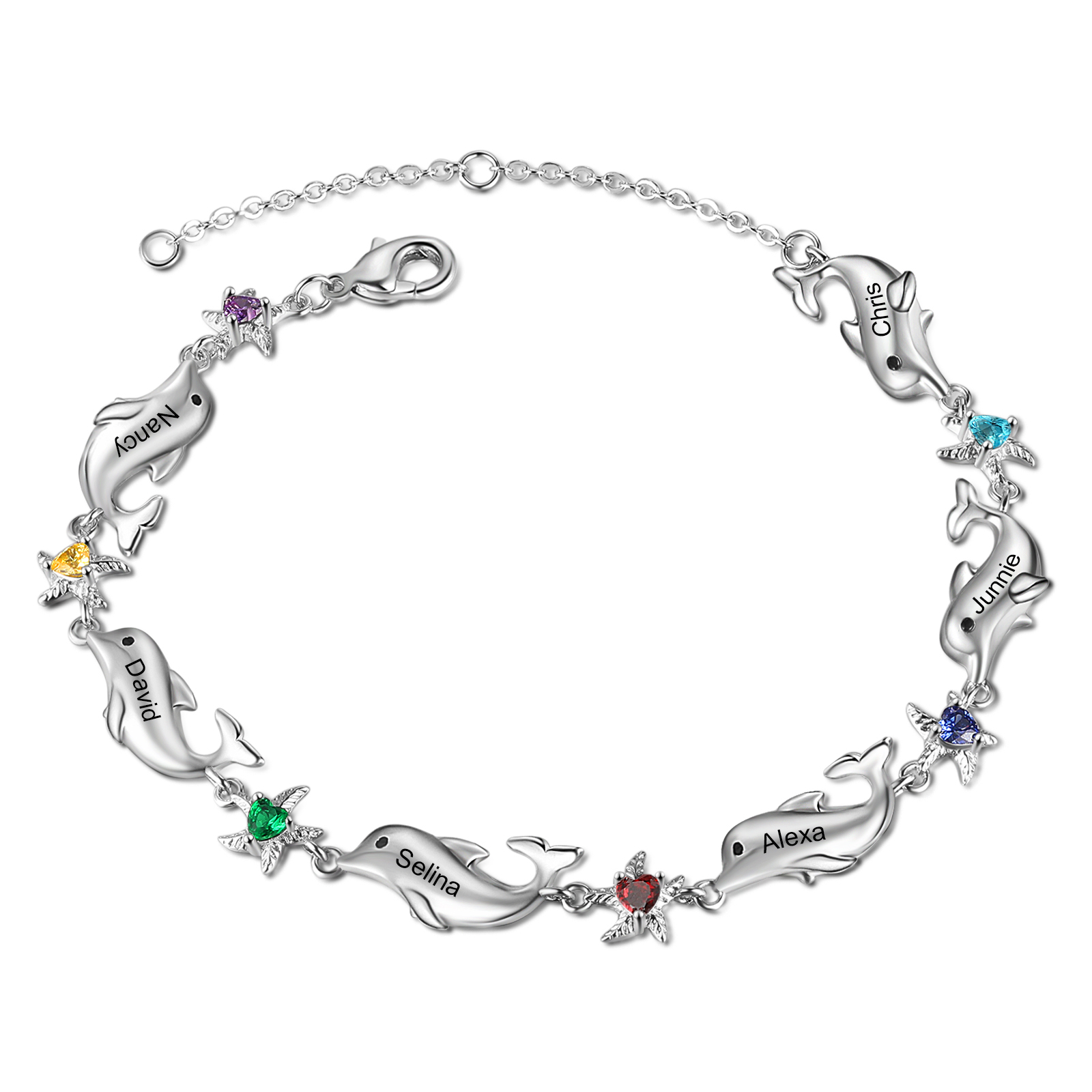 Animal Bracelet Personalised Dolphin Bracelet With 6 Birthstones Engraved Names Starfish Charm Gifts For Her-Jessemade AU