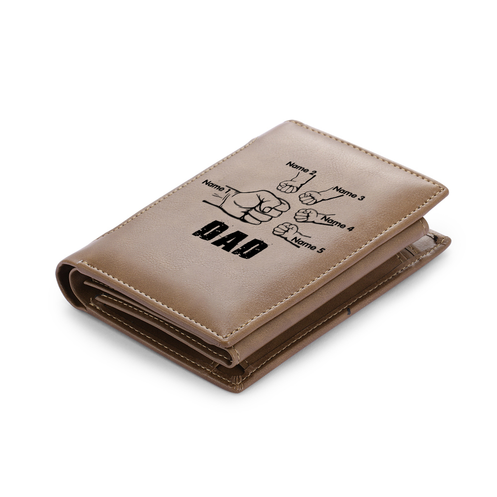 5 Names - Personalised Men Leather Wallet Custom Text & Name Folding Wallet Fist Bump Wallet Gift for Dad-Jessemade AU