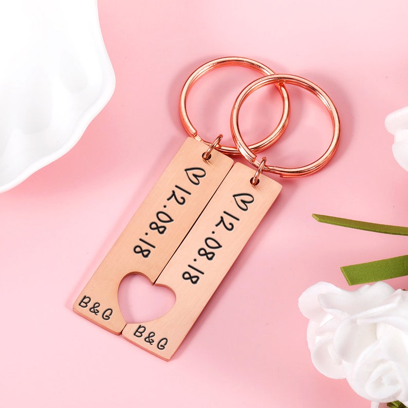 To My Man/My Love Heart Keychain Set Personalised Date Initial Keyring Matching Couple Gifts-Jessemade AU