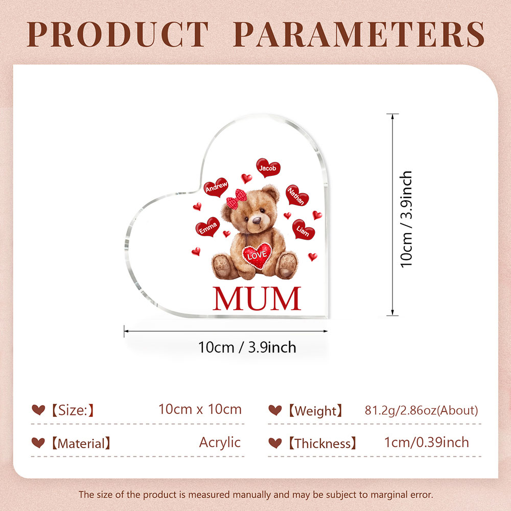 5 Names - Personalised Acrylic Heart Keepsake Custom 2 Texts Teddy Bear Ornaments Gifts for Grandma/Mother-Jessemade AU