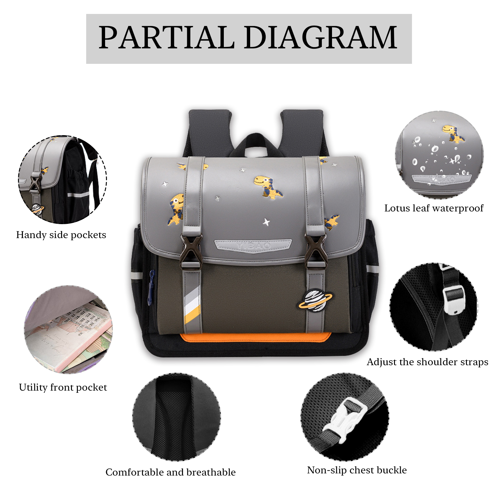 Children Dinosaur Cartable School Bag Grey Backpack Travel Bag Gift for Kids-Jessemade AU