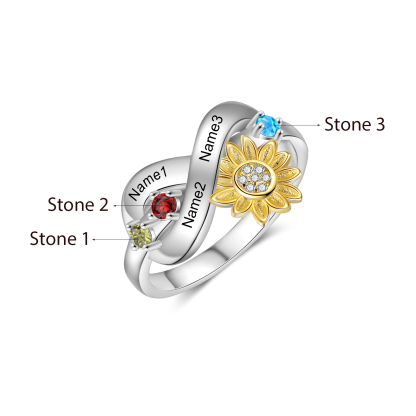 Personalised 3 Birthstones Sunflower Ring Engraved Names Infinity Ring Gifts For Her-Jessemade AU