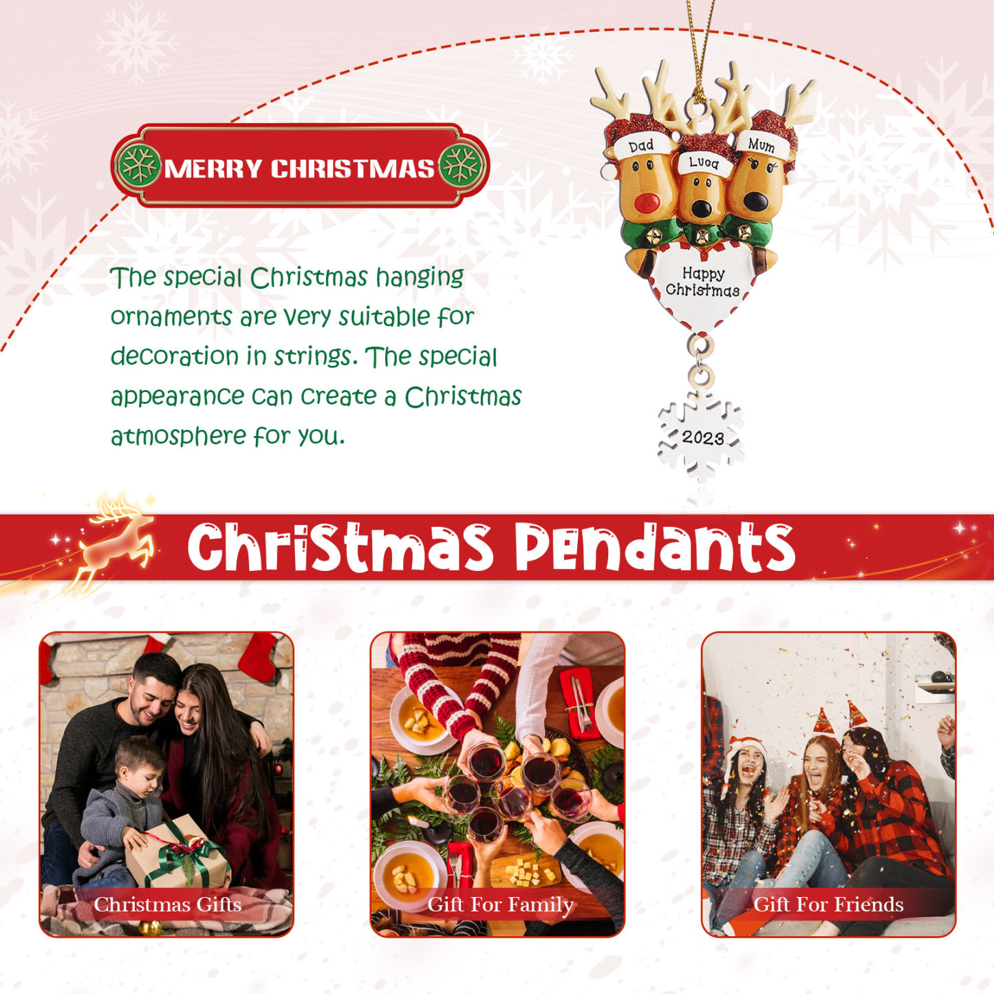 3 Names - Personalised Reindeer Christmas Ornament Customised Name & Text & Year Wooden Hanging Ornaments Christmas Gift for Family-Jessemade AU