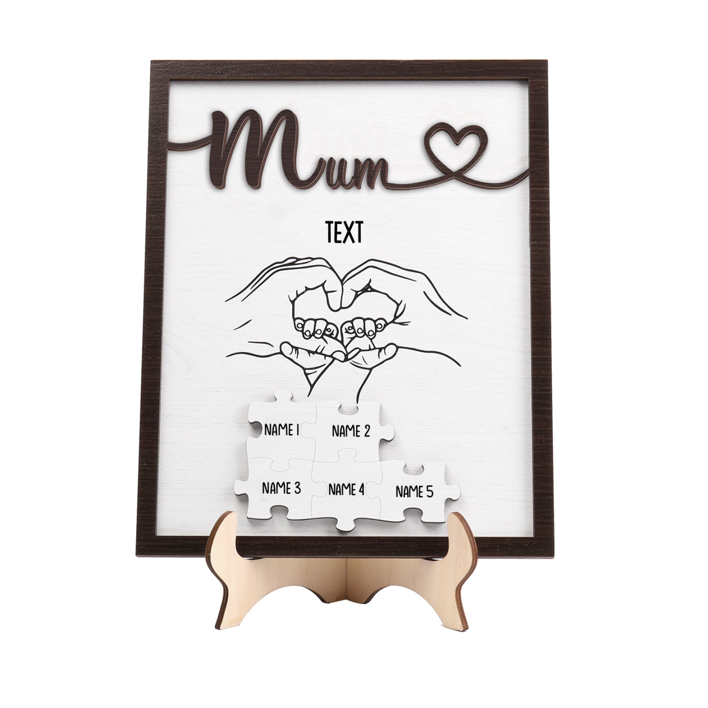 Personalised Puzzle Pieces Wooden Plaque Custom 5 Names & Text & Salutation Holding Hands Family Wooden Sign With Stand Gifts for Mum-Jessemade AU