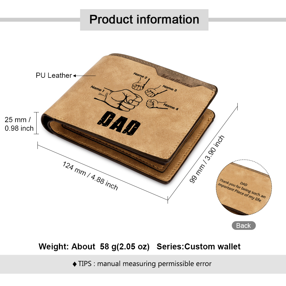 4 Names - Personalised Men Leather Wallet Custom Photo & Text & Name Folding Wallet Fist Bump Wallet Gift for Dad-Jessemade AU