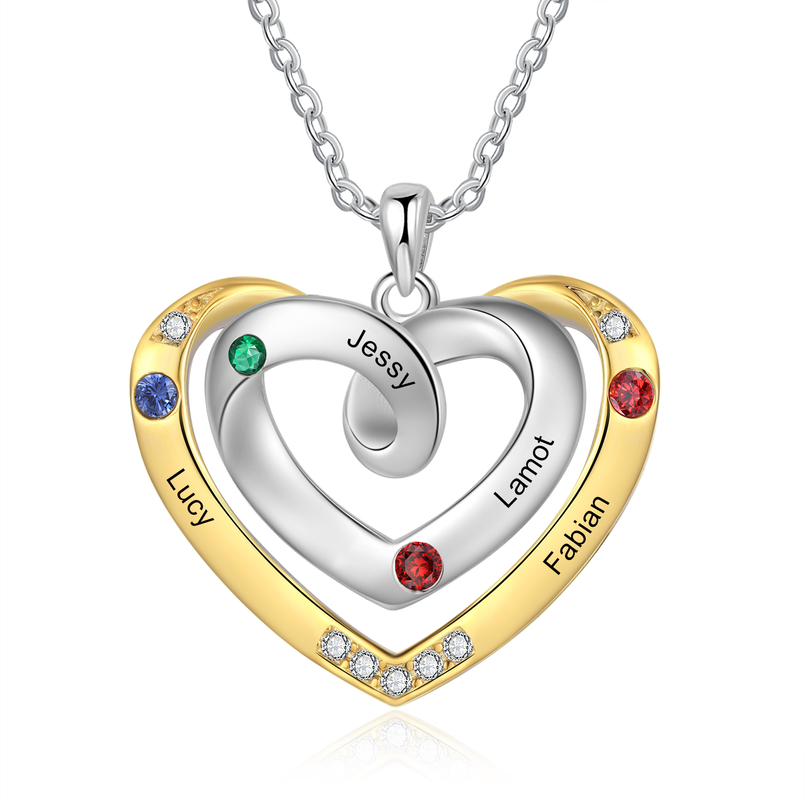 Personalised 4 Names & 4 Birthstones Necklace Custom Heart Pendant Necklace Gifts for Her-Jessemade AU