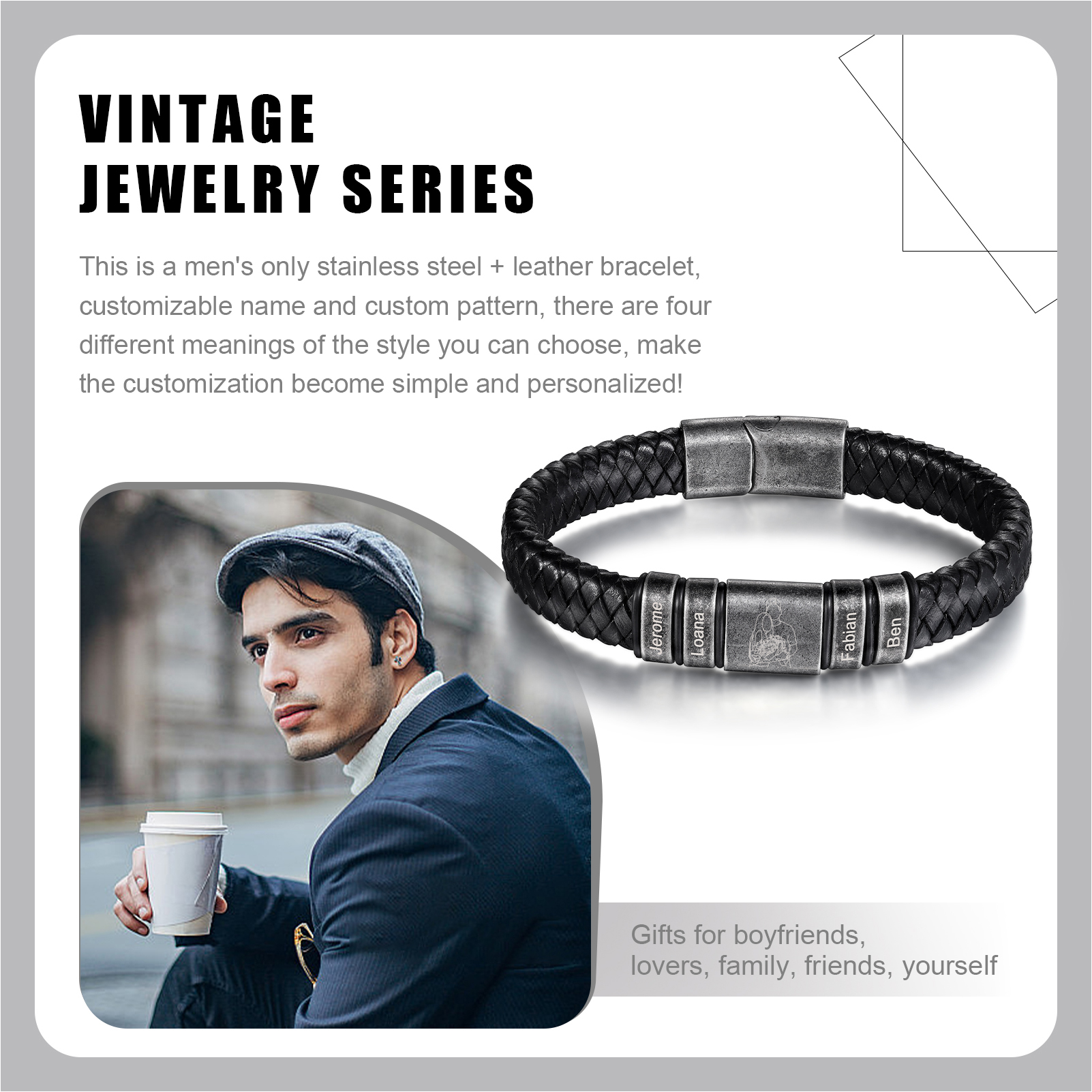 4 Names - Personalised Men's Leather Braided Bracelet Custom Name & Photo Bracelet Vintage Gift for Him-Jessemade AU