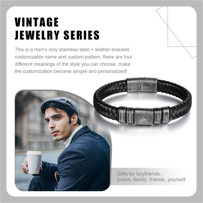4 Names - Personalised Men's Leather Braided Bracelet Custom Name & Photo Bracelet Vintage Gift for Him-Jessemade AU