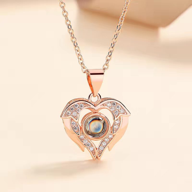 100 Languages Projection Necklace Engraved  " I LOVE YOU" Heart Wings Necklace Valentines Day Gifts For Her-Jessemade AU