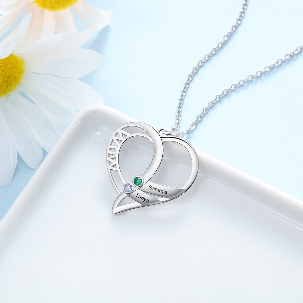 Personalised Heart Necklace With 2 Birthstones Engraved Names Gift For Mother-Jessemade AU
