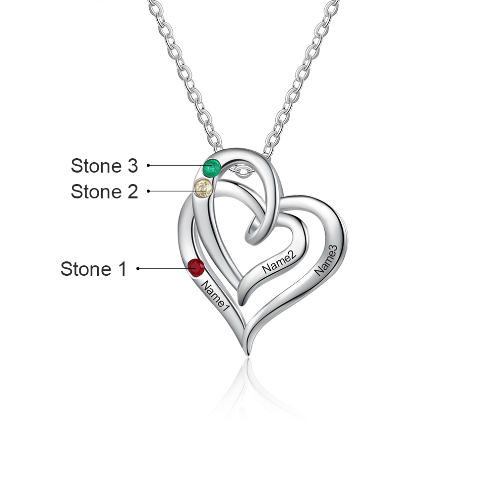 Personalised Heart Necklace With 2 Birthstones Engraved Names Gift For Her-Jessemade AU