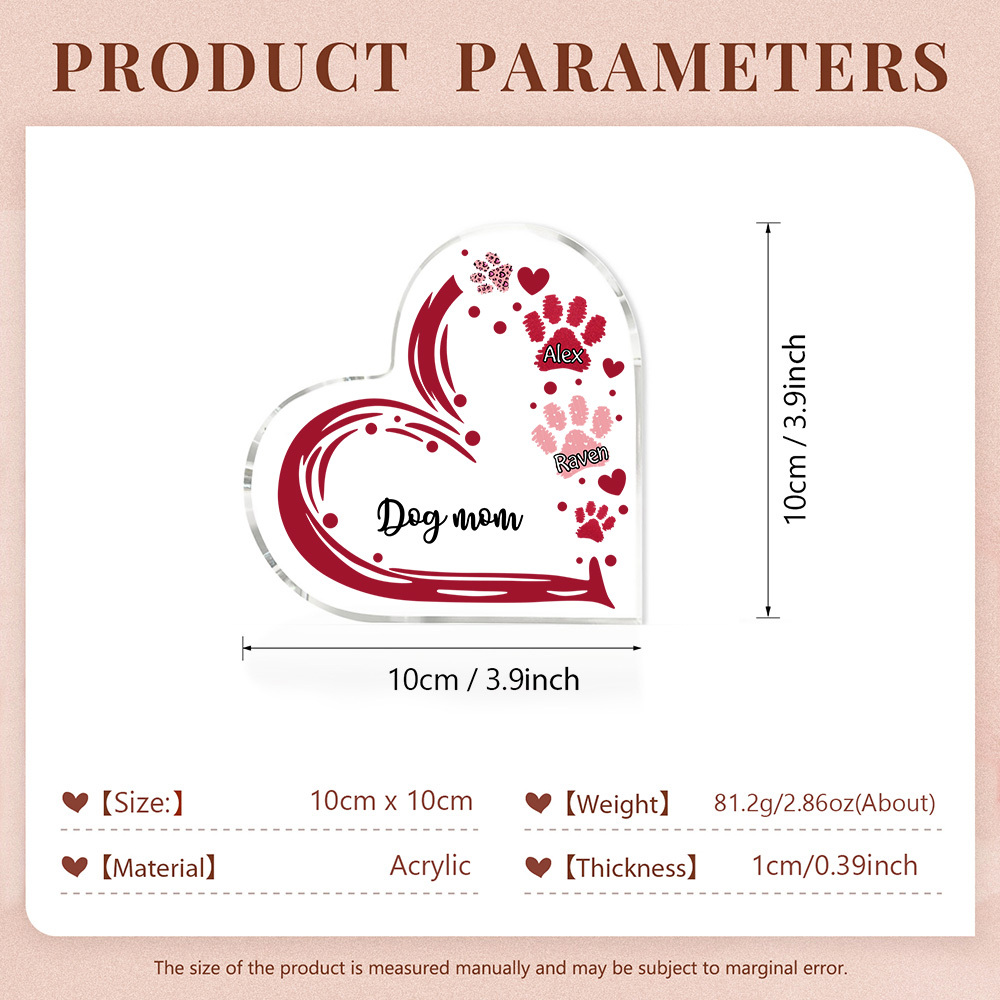 Personalised Text Acrylic Heart Keepsake Custom 2 Names Dog Footprints Ornaments Gifts for Grandma/Mother-Jessemade AU