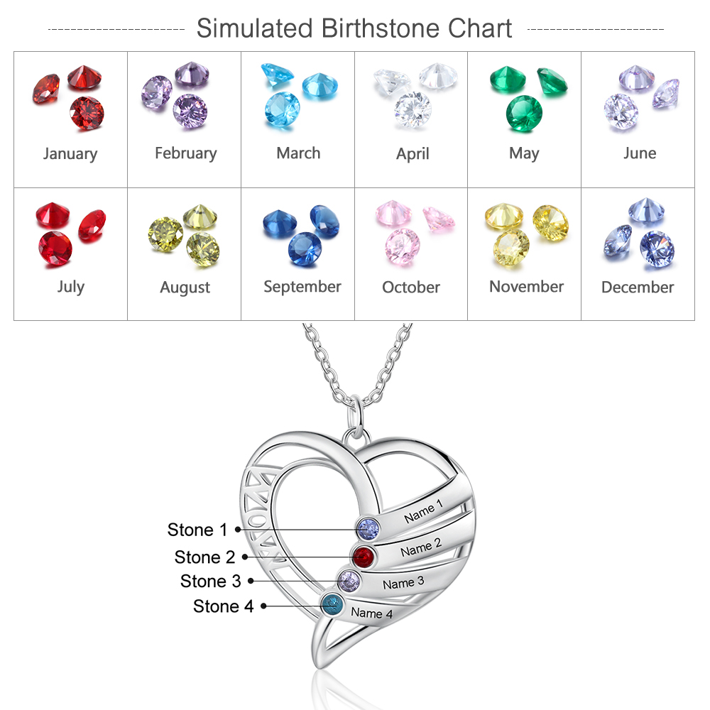 Personalised Heart Necklace With 4 Birthstones Engraved Names Gift For Mother-Jessemade AU