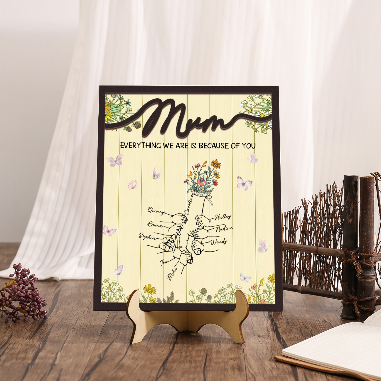 Personalised 9 Names Wooden Plaque Holding Mum's Hand Desktop Decoration With Stand - EVERYTHING WE ARE IS BECAUSE OF YOU-Jessemade AU
