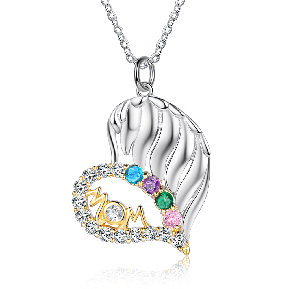 Personalised Heart Necklace With 4 Birthstones Engraved Names Gift For Mother-Jessemade AU