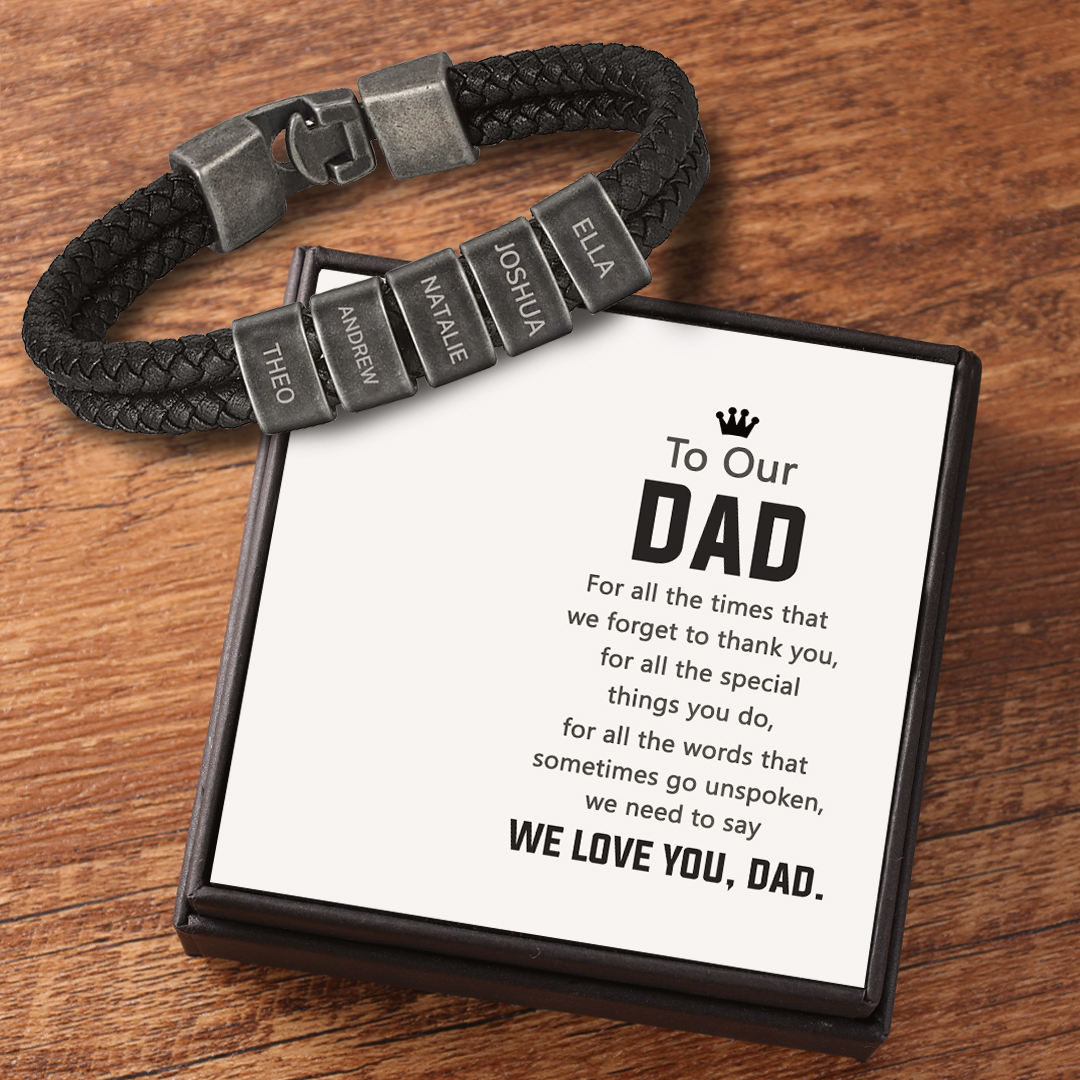 Personalised Retro Men Leather Bracelet with 5 Names Beaded Wrap Bracelet-Jessemade AU