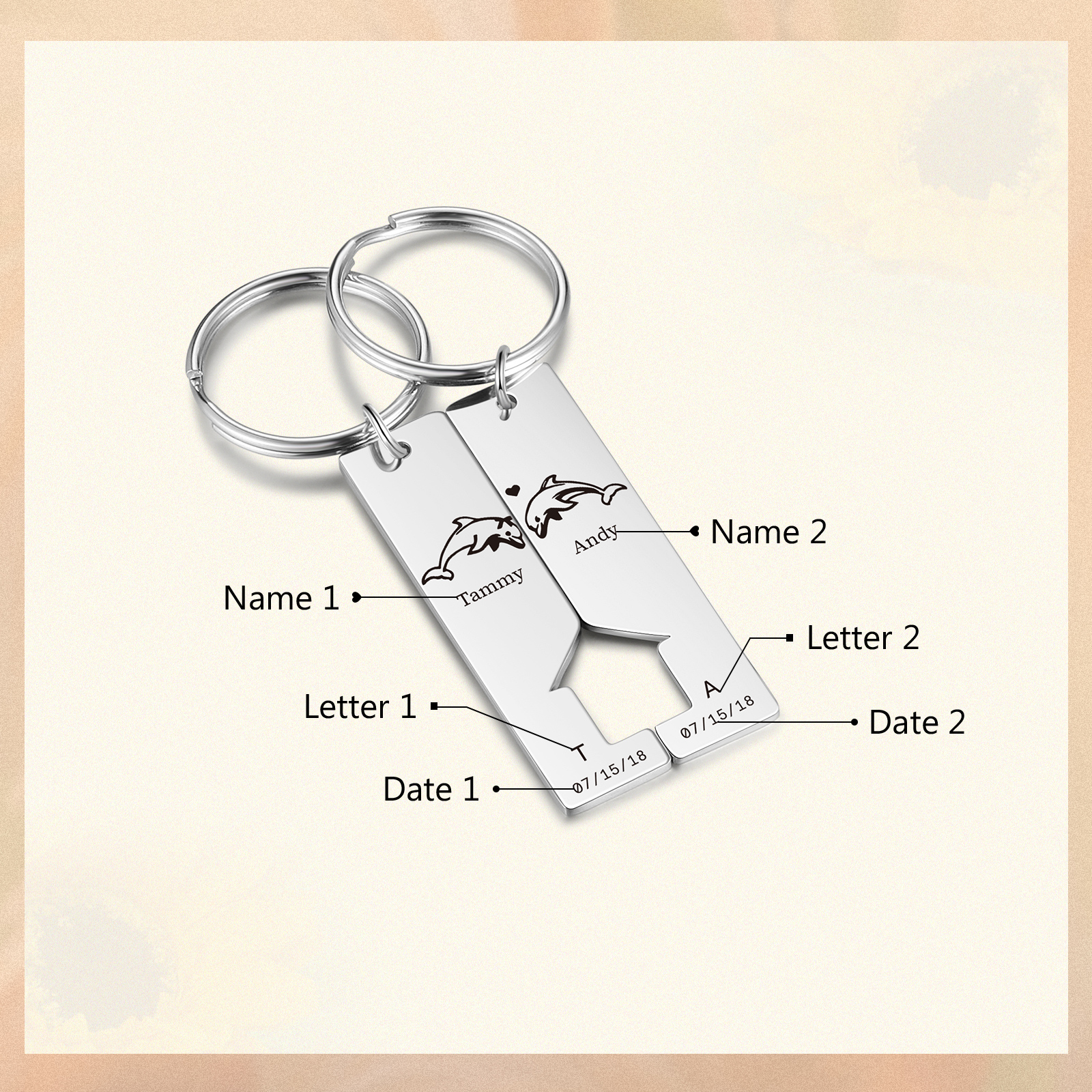 Personalised Couple Keychain Custom 2 Letters & 2 Dates & 2 Names Dolphin Keyring Valentine's Day Gift for Husband/Wife-Jessemade AU
