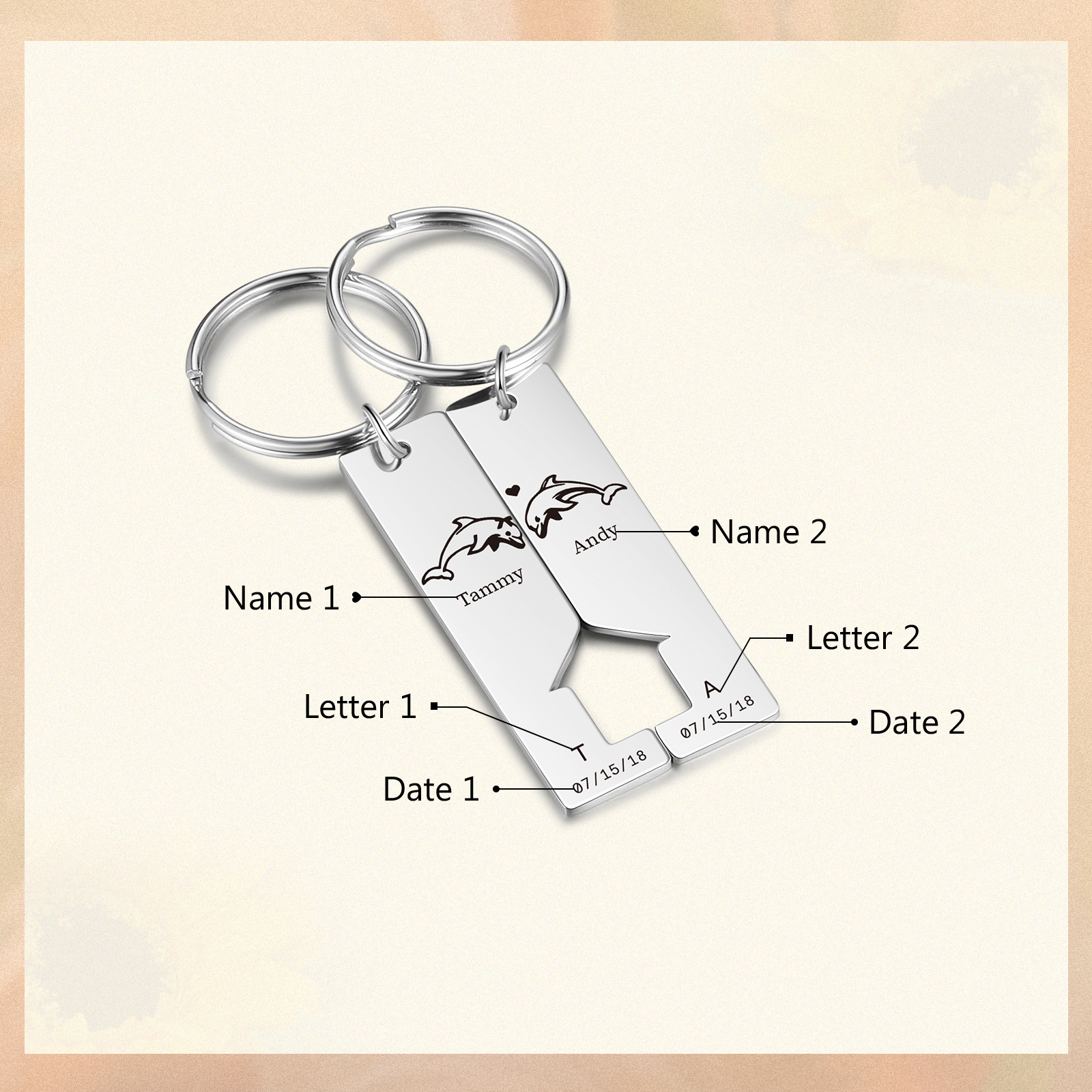 Personalised Couple Keychain Custom 2 Letters & 2 Dates & 2 Names Dolphin Keyring Valentine's Day Gift for Husband/Wife-Jessemade AU