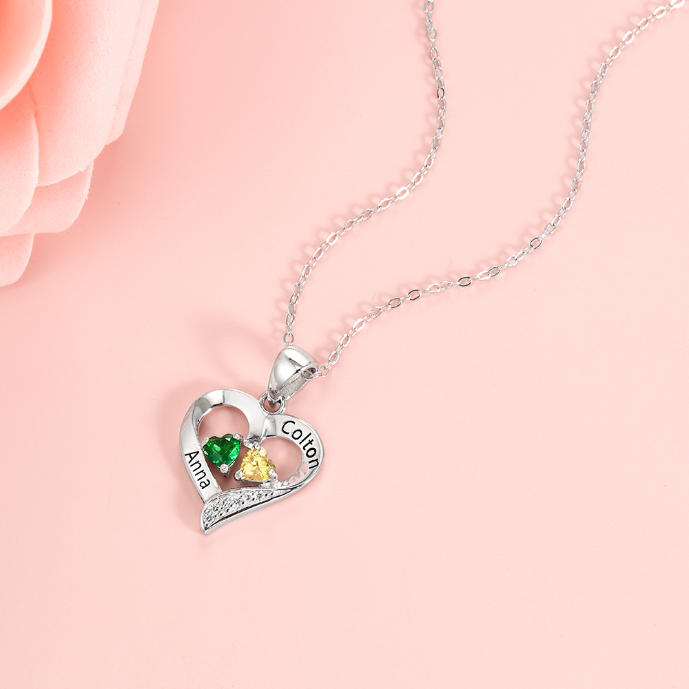 Personalised Heart Necklace With 2 Birthstones Engraved Names Gift For Her-Jessemade AU