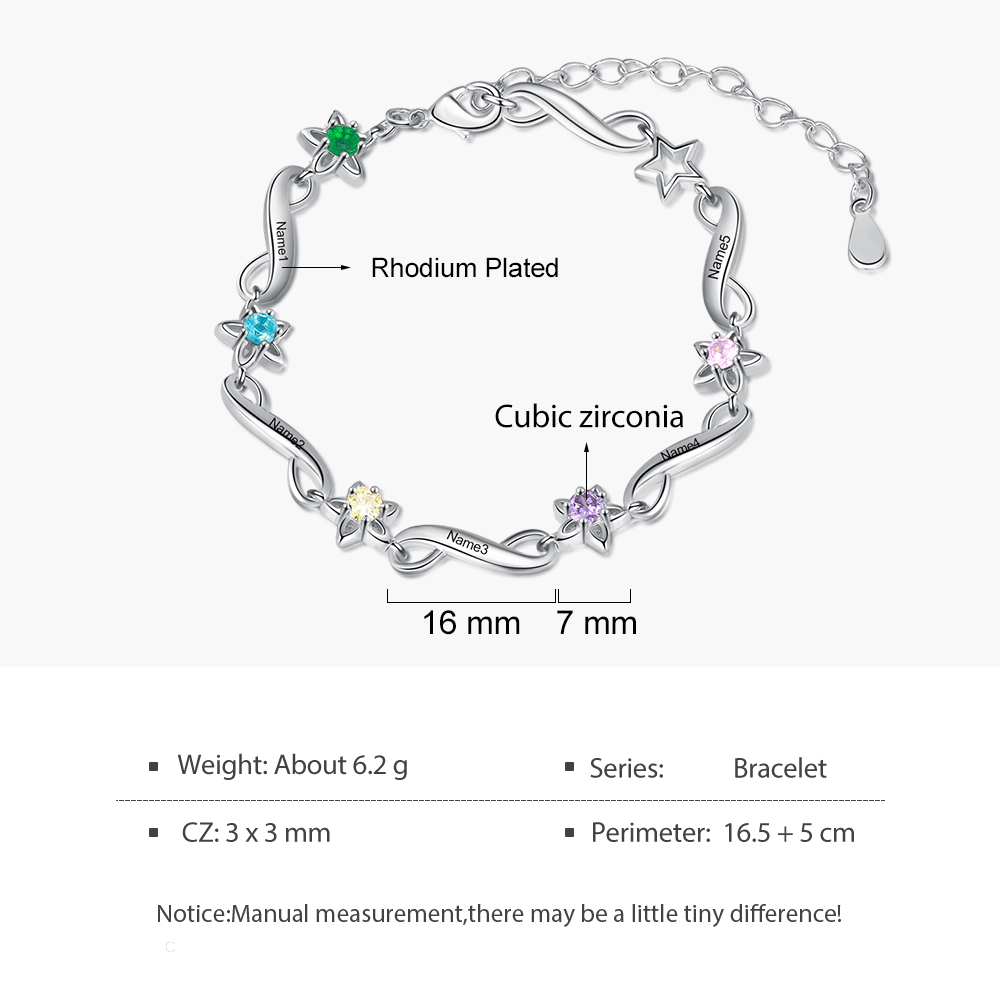 Personalised Star Bracelet With 5 Birthstones Engraved Names Bracelet Gift For Women-Jessemade AU