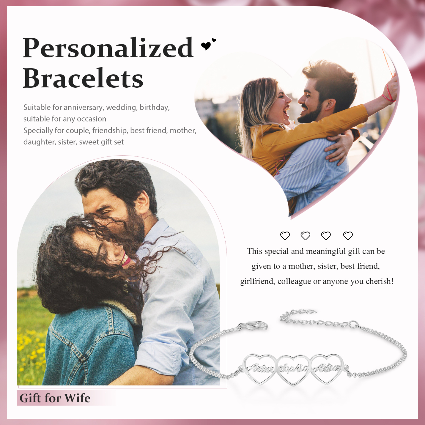 3 Names - Personalised Heart Bracelet Custom Name Bracelets Birthday Valentine's Day Gift For Her-Jessemade AU