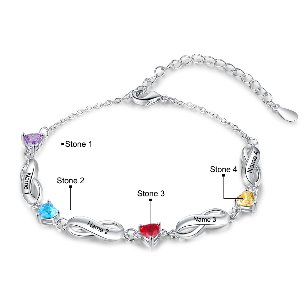 Personalised Infinity Bracelet With 4 Birthstones Engraved Names Bracelet Gift For Women-Jessemade AU