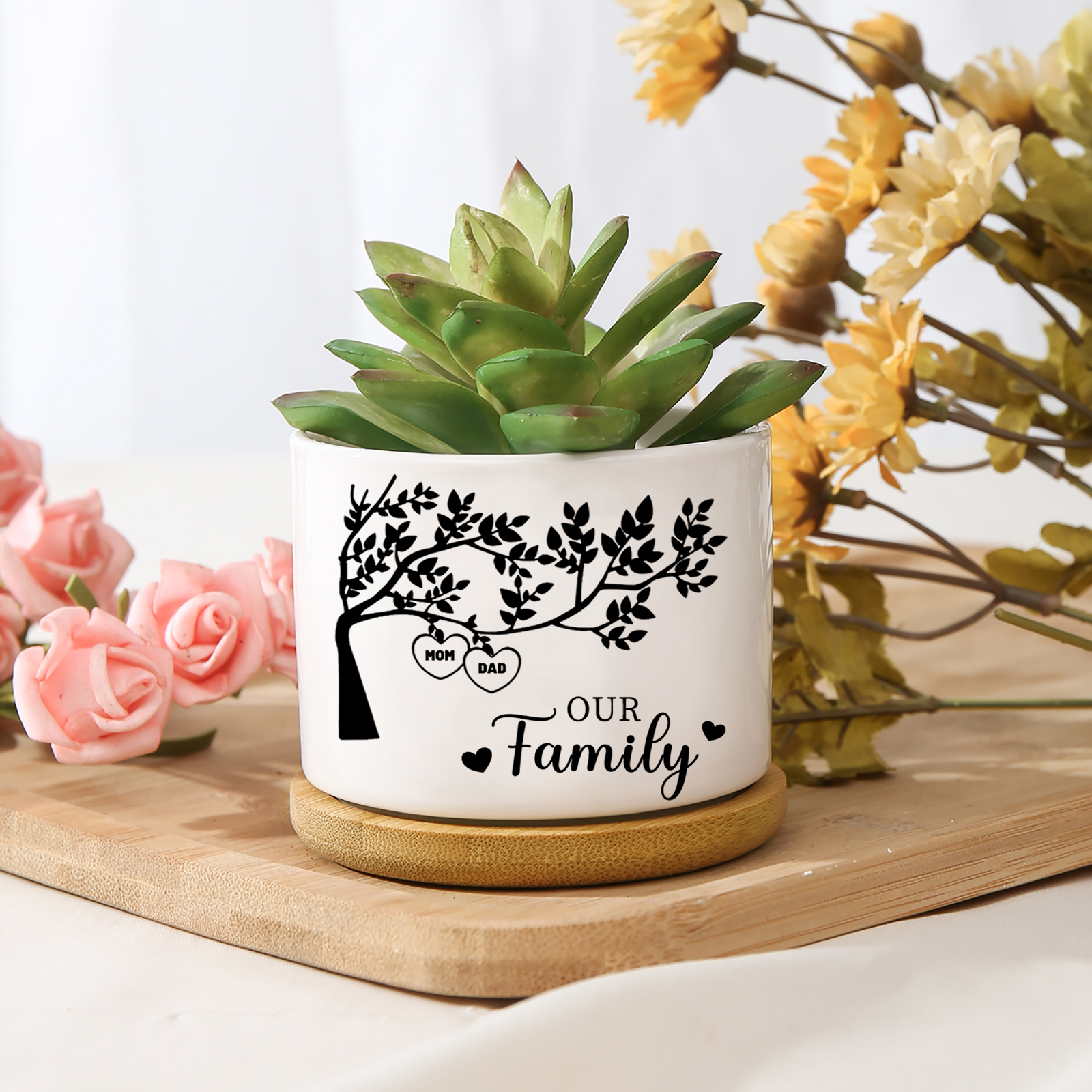 Personalised 2 Names & 1 Text Family Tree Flowerpot Custom Ceramic Flowerpot with Wooden Base Gift for Mother/Grandma-Jessemade AU