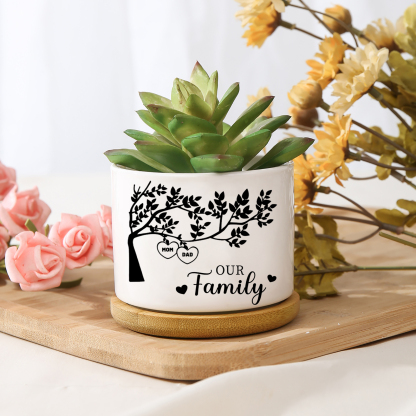 Personalised 2 Names & 1 Text Family Tree Flowerpot Custom Ceramic Flowerpot with Wooden Base Gift for Mother/Grandma-Jessemade AU