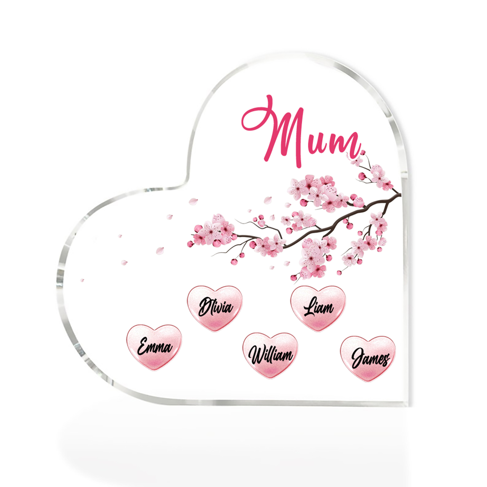 5 Names - Personalised Acrylic Heart Keepsake Custom Text Peach Blossom Ornaments Gifts for Grandma/Mother-Jessemade AU