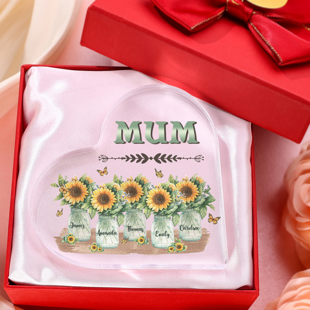 Personalised Acrylic Heart Keepsake Custom 5 Names & 1 Text Sunflower Vase Ornament Gifts for Mother/Grandma-Jessemade AU