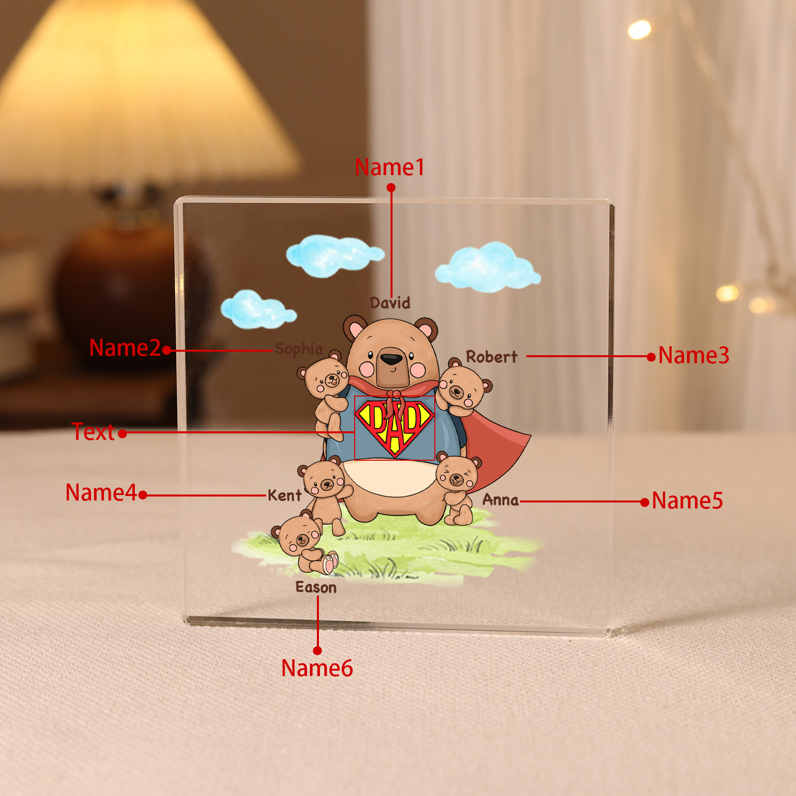 Personalised 6 Names & 1 Text Acrylic Square Keepsake Super Bear Family Rectangle Plaque Gifts for Father/Grandpa-Jessemade AU