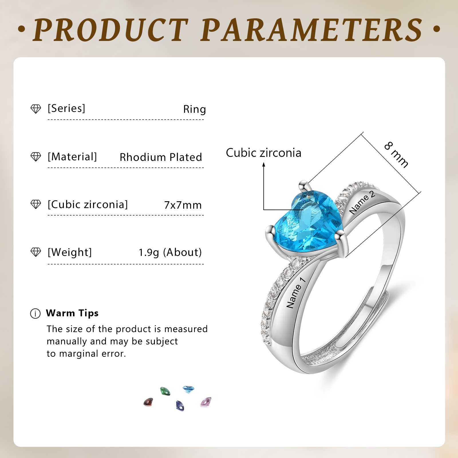 Personalised Heart Birthstone Ring Customised 2 Names Open Ring Gift for Women Girls-Jessemade AU