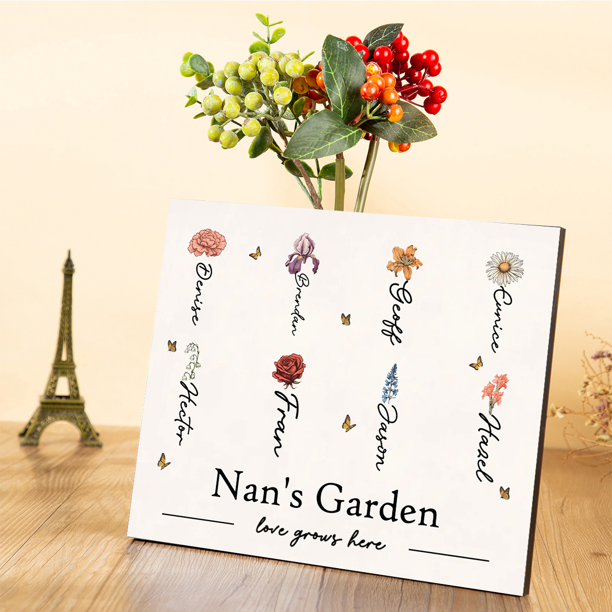 Personalised Text Wooden Plaque Custom 1–12 Birth Flowers & Names Home Decor Garden Sign Gift for Grandma - Love Grows Here